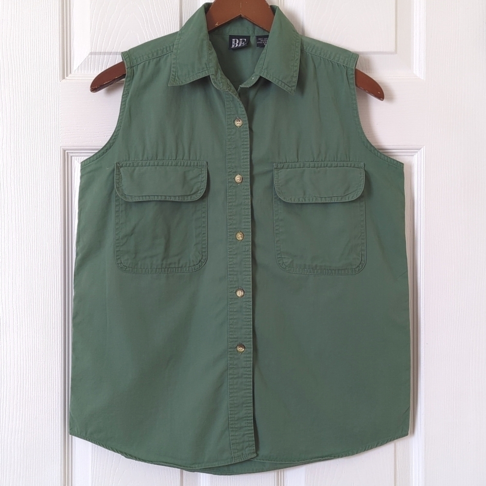 Basic Editions 90's Vintage Classic Sleeveless Button Down Tank Top Sage Green S